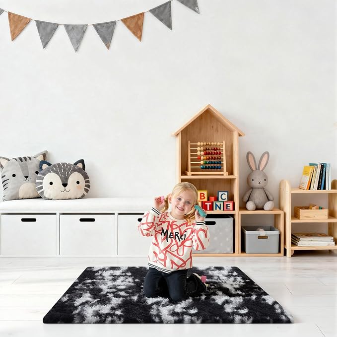Black and White Rugs for Bedroom, 2x3 Fluffy Area Rugs for Living Room, Small Fuzzy Shag Soft Carpet with 4 Non-Slip Adhesive Strips for Kids Boys and Girls Nursery Dorm Home Decor (2ft X 3ft)