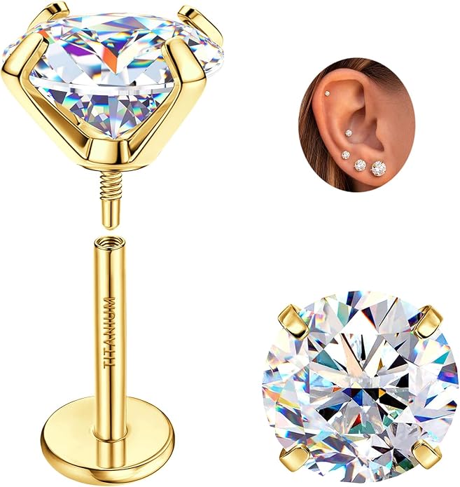 GEMQUEEN Moissanite Earrings G23 Titanium Extended Internal Thread Flat Back Earrings Hypoallergenic Tragus Cartilage Helix Conch Piercing Jewelry for Women Men 18G 6/8mm Post Gray/D Color 0.2-3CT