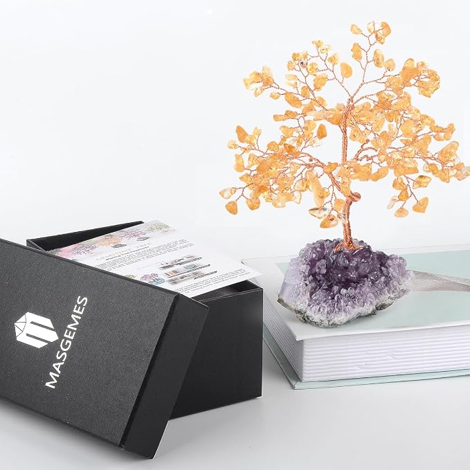 Natural Citrine Crystal Tree with Amethyst Geode Base,Crystal Ornaments Feng Shui Bonsai Money Tree,Chakra Balancing Positive Energy Figurings Decor 5.5"-6.3"