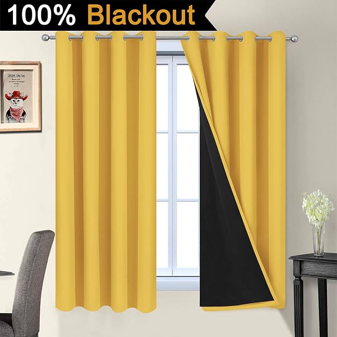 Yakamok Mustard Yellow Blackout Curtains Panels 63 Inches Long, 52" Wide | Blackout Curtain Panels for Bedroom, 2 Thick Layers Grommet Top Thermal Insulated Drapes with Black Liner for Living Room