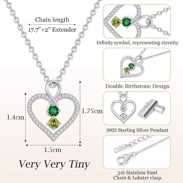 LOUISA SECRET Double Birthstone Necklaces for Women, 925 Sterling Silver Infinity Love Heart Pendant Necklace for Her, Birthday Anniversary Valentine's Day, Christmas, Wedding, Graduation Gift for Her, Personalized Gifts, Jewelry Gifts for Wife Mom Gir...