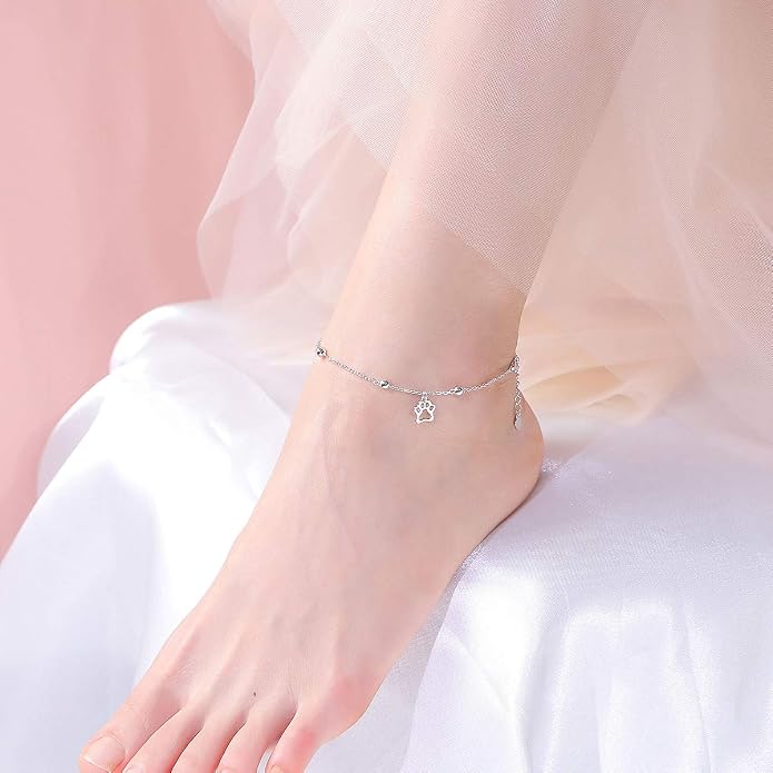 FLYOW S925 Sterling Silver Anklet for Women Summer Boho Beach Charm Adjustable Foot Ankle Bracelet Jewelry Birthday Gift