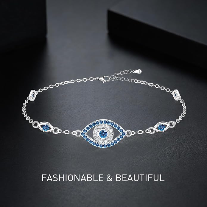 Blue Evil Eyes Link Bracelet, Evil Eye Earrings, S925 Sterling Silver Dainty Cubic Zirconia Adjustable Link Lobster Claw Clasp Chain Jewelry
