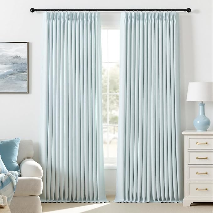 IVAPUPU Blue Pinch Pleated Full Blackout Linen Curtains for Bedroom, Black Out Curtains 102 Inches Long for Living Room Darkening Thermal Insulated Neutral Pleat Drapes with 16 Hooks, 2 Panels