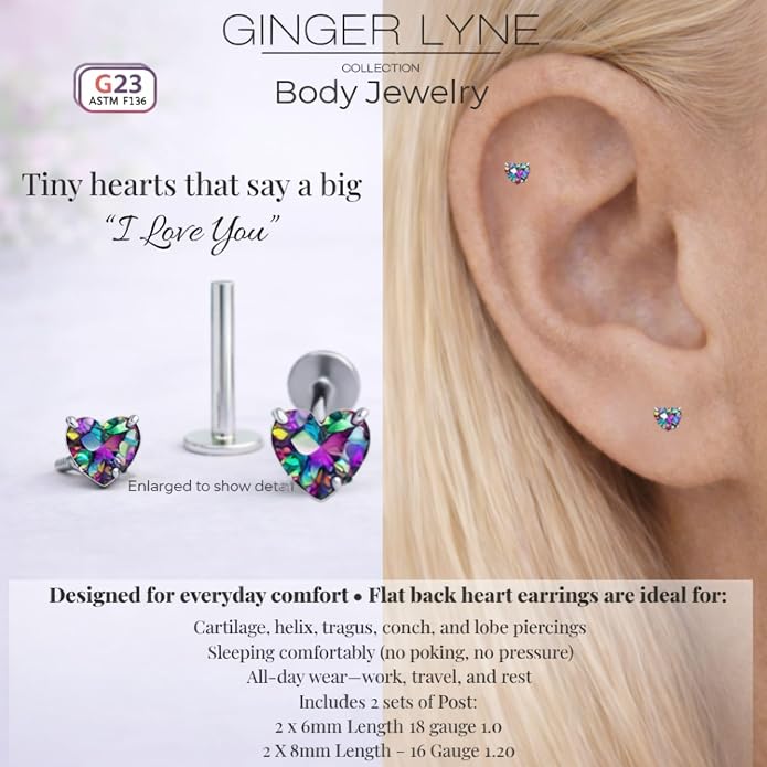Titanium Heart CZ Labret Stud Earrings for Piercings by Ginger Lyne 6Pc Set G23 Screw Front Flat Back Body Jewelry 2 pair post 6mm, 8mm Cartilage, Helix, Tragus, Lip, Conch, Lobe