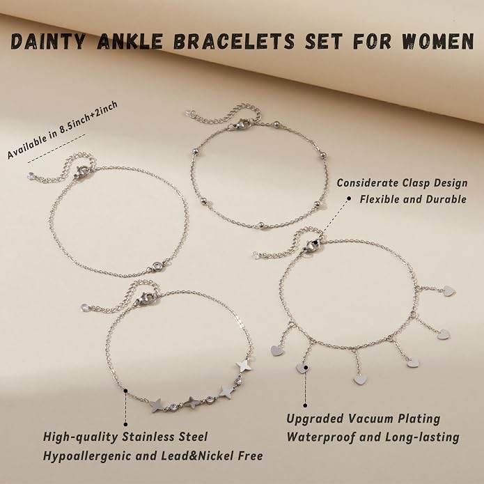 LOFITOR Ankle Bracelets for Women Glitter Waterproof Adjustable Anklet Set for Women 18K Gold Plated Silver Charm Dainty Layered Anklets, Summer Beach Anklet Jewelry for Women