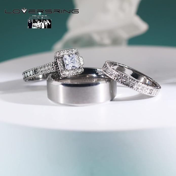 Couple Ring Bridal Set His Hers Women 10k White Gold Filled AAA Cz Men Stainless Steel Wedding Ring Band Set