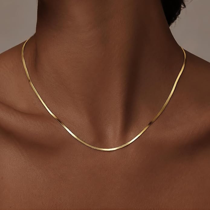 WomenGifts 14K Gold Silver Plated Herringbone Necklace for Women, Dainty Snake Chain Choker, Trendy Simple Long Layered Jewelry Non Tarnish, 3/4/5/8mm,14,16,18,20,22,24,26 Inch Thin & Chunky Options