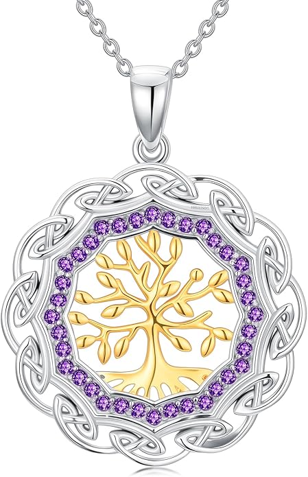 Sterling Silver Birthstone Celtic Tree of Life Necklace, 18K Gold Plated Colored Gemstone Tree of Life Pendant Two-Tone Necklaces Jewelry Birthday Gifts for Women 18" - 20"