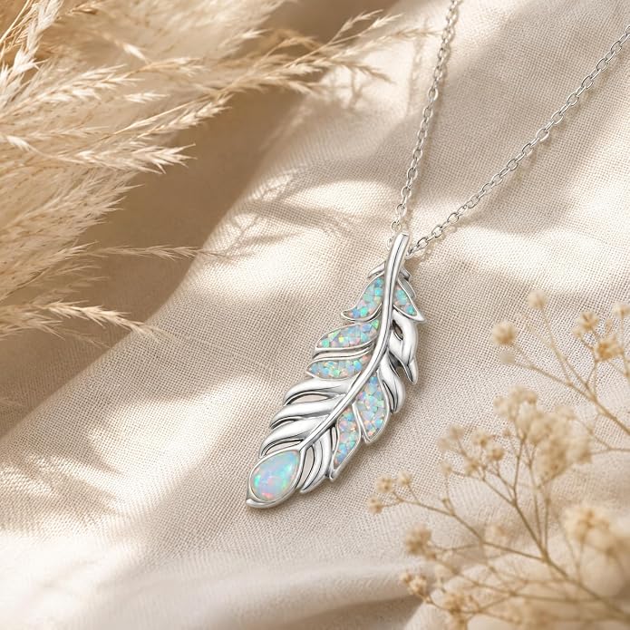 Feather Necklace White Gold Boho Jewelry Nature Inspired Statement Birthstone Pendant Gifts for Women