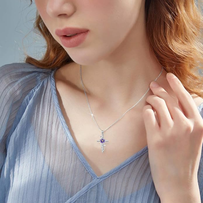 Flower Cross Necklace 925 Sterling Silver Carnation/Rose/Lily/Daisy Cross Necklace Birth Flower Jewelry for Women