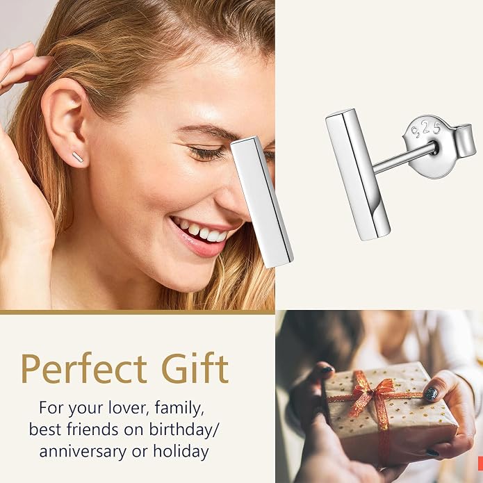 FindChic Hypoallergenic Sterling Silver Small Bar/Heart/Dot/Triangle/Butterfly/Lightning Studs Earrings Minimalist Geometric Jewelry Valentine Gifts for Women Men Girls, with Gift Box