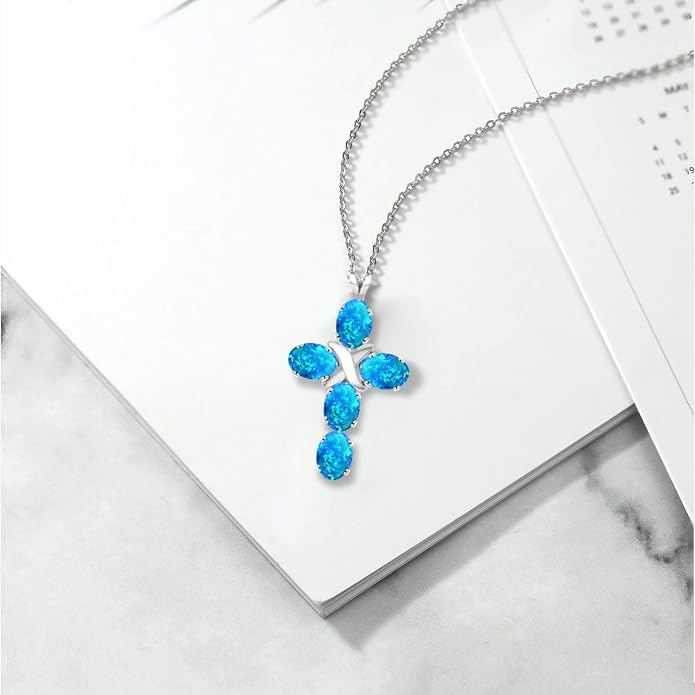 Gem Stone King Cross Pendant Necklace for Women | 925 Sterling Silver | 6X4MM Gemstone Birthstone | Jesus Christian Religious Crucifix Jewelry Gifts | 18 Inch Chain