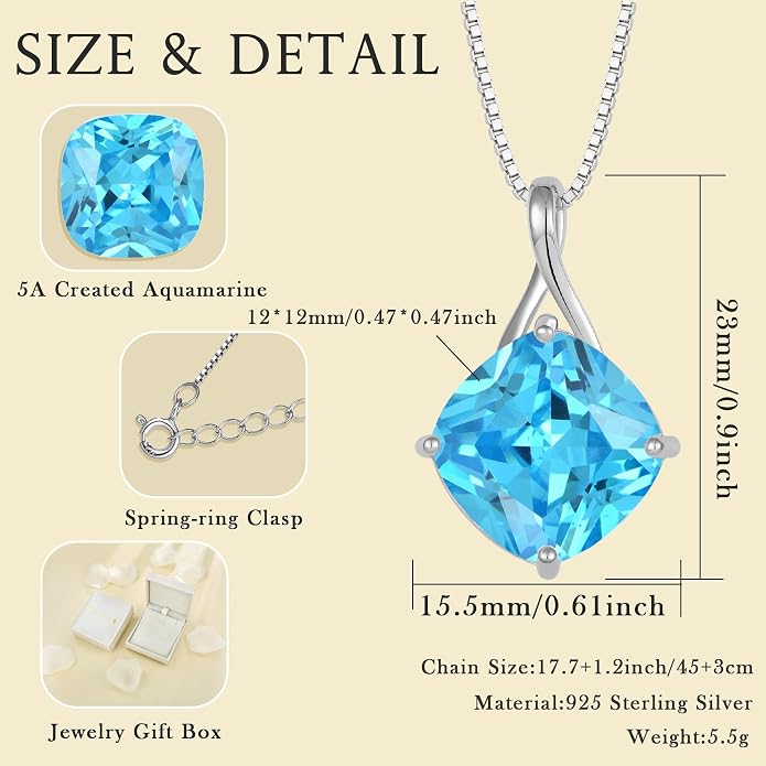 Square Cut Birthstone Necklace for Women Hypoallerg 925 Sterling Silver Cubic Zirconia Necklace Simple Jewelry for Her