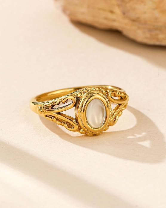 YeGieonr Non Tarnish Gold Signet Rings for Women - Waterproof 18K Gold Plated Stainless Steel Pearl Ring, Statement Ring for Everyday Wear