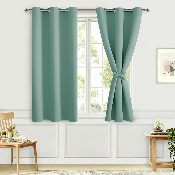 Hiasan Blackout Curtains for Bedroom - Thermal Insulated & Energy Saving Window Curtains for Living Room, 2 Drape Panels Sewn with Tiebacks, Sage Green, 42 x 54 Inch