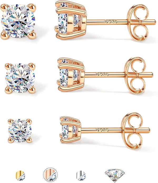 GEMQUEEN 3/4 Pairs Moissanite Earrings Studs 14K Gold Plated S925 Sterling Silver Flat Back Earring for Women Men - Hypoallergenic Set Cartilage Helix Piercing Jewelry Trendy D Color VVS1