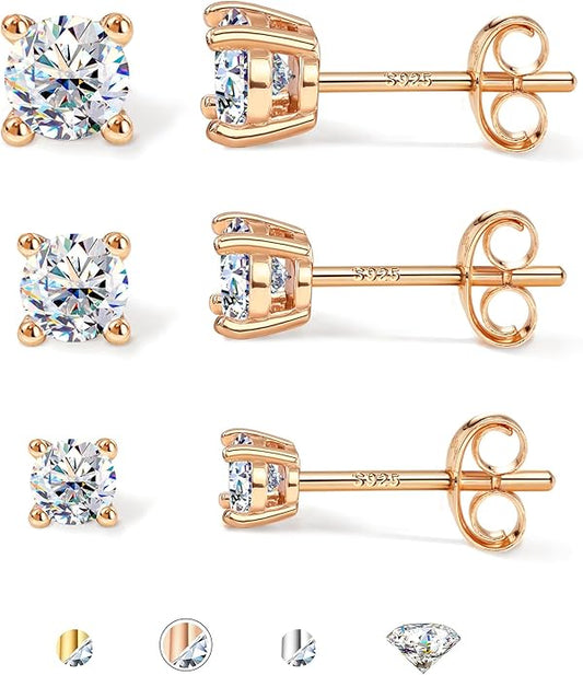 GEMQUEEN 3/4 Pairs Moissanite Earrings Studs 14K Gold Plated S925 Sterling Silver Flat Back Earring for Women Men - Hypoallergenic Set Cartilage Helix Piercing Jewelry Trendy D Color VVS1