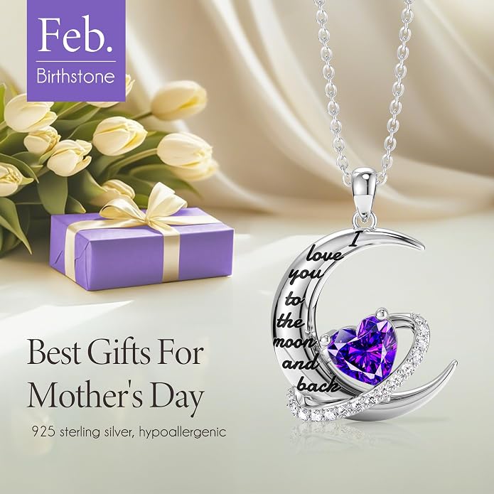Distance I Love You to The Moon and Back Necklace for Women, S925 Sterling Silver Forever Love Heart Birthstone Necklace, Anniversary Birthday Jewelry for Wife Lover