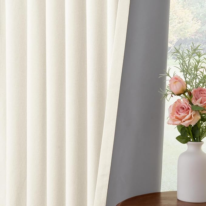 INOVADAY 100% Blackout Curtains for Bedroom, Light Cream Black Out Curtains 96 Inch Long, Clip Rings Linen Blackout Drapes, Thermal Insulated Room Darkening for Living Room, 2 Panels - W50xL96