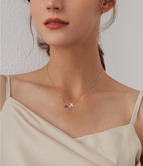 Sideways Cross Necklace with Heart Birthstone 925 Sterling Silver Dainty Tiny Cute Necklace Christian Religious Faith Gifts