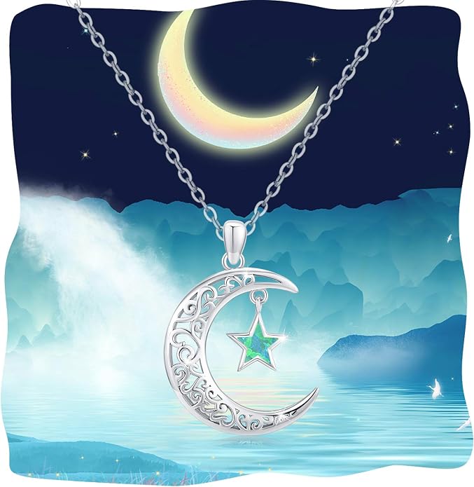 TRISHULA Moon Star Necklace, 925 Sterling Silver Crescent Moon Sun Pendant with Moonstone Crescent Jewelry Gift for Her Sister Birthday Christmas