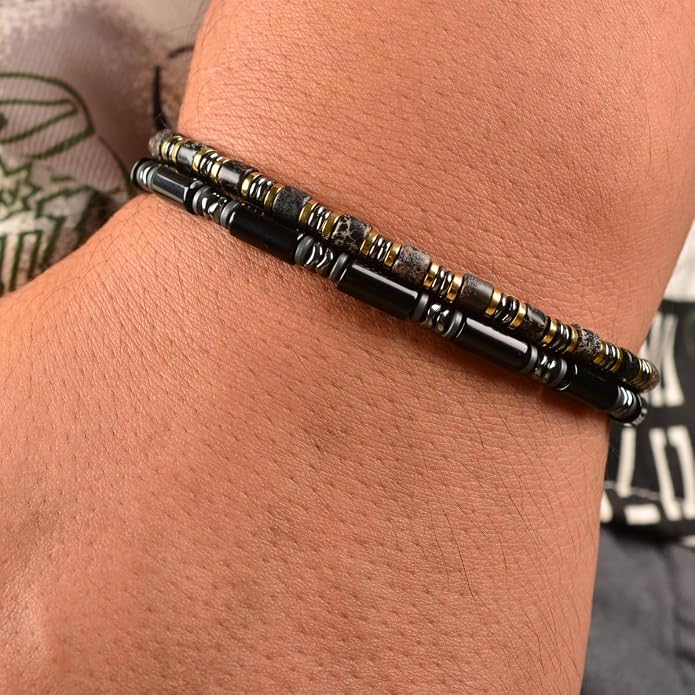 Nightfall Glow Hematite Bracelet for Men, Emperor Stone Beaded Bracelet, Handcrafted Original Design, Adjustable Stainless Steel Bracelet 6.89-8.8 Inch, Stackable Wrist Bracelet, Birthday Gift for Men Dad Boyfriend