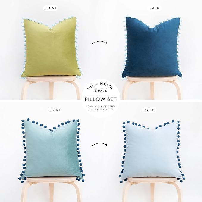 MONDAY MOOSE Decorative Throw Pillow Covers Cushion Cases, Set of 2 Soft Velvet Pom Poms Double-Sided Designs, Mix and Match for Home Decor, Pillow Inserts Not Included (16x16 inch, Green/Blue)