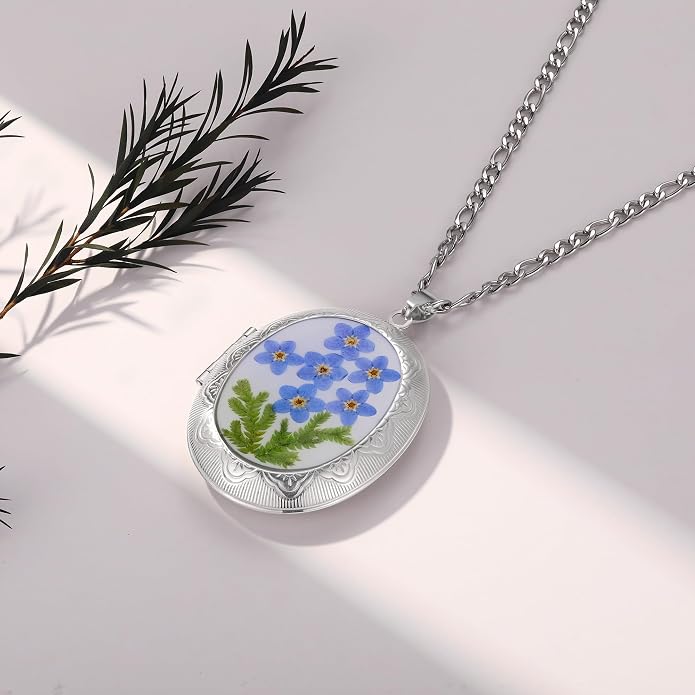 AUNTESIGN Forget-Me-Not and Queen Anne's Lace Pressed Wildflower Necklace | Birth Month Flowers Necklace | Gold/Silver Pressed Flower Jewelry | Mother's Day | Gift For Her