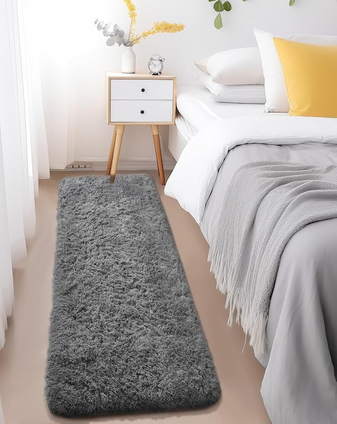 Ophanie Runner Rug for Hallway, 2x6 Washable Non-Slip Fluffy Soft Bedside Rugs 2 Pack, Bedroom Living Room Shaggy Gray Carpet for Kids Girls Boys Dorm Nursery Decor,Grey with Over 99 pcs Pile fibers