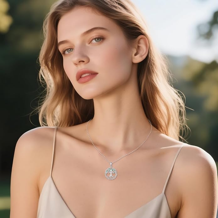 VONALA Tree of Life Necklace 925 Sterling Silver Abalone/Crystal Celtic Knot Family Tree Filigree Pendant Necklace Tree Jewelry Gift Women