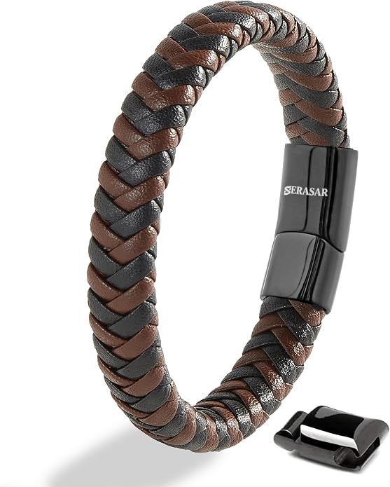 SERASAR | Premium Bracelet for Men in Genuine Black & Brown Leather | Magnetic Stainless Steel Clasp | Jewelry Box Included | Great Gift Idea
