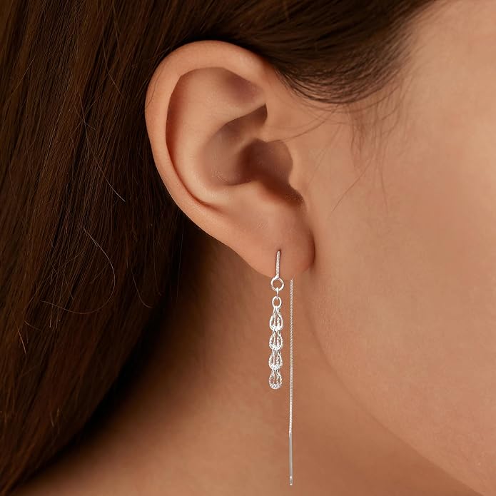 925 Sterling Silver Tassel Chain Dangle Earrings for Women Sparkling Long Fringe Dangle Drop Earrings Bling Line Minimalist Wedding Studs Earring Jewelry Birthday Christmas Gifts for Her