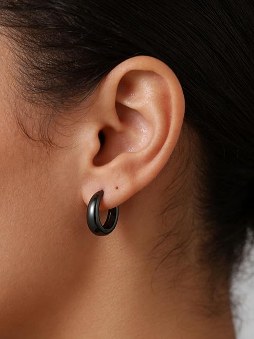 ChicSilver Solid 925 Sterling Silver Chunky Hoop Earrings for Women, Silver Small Thick Huggie Earrings Hypoallergenic Lightweight Silver Hoop Earrings for Sensitive Ears (8/10/12/14mm)