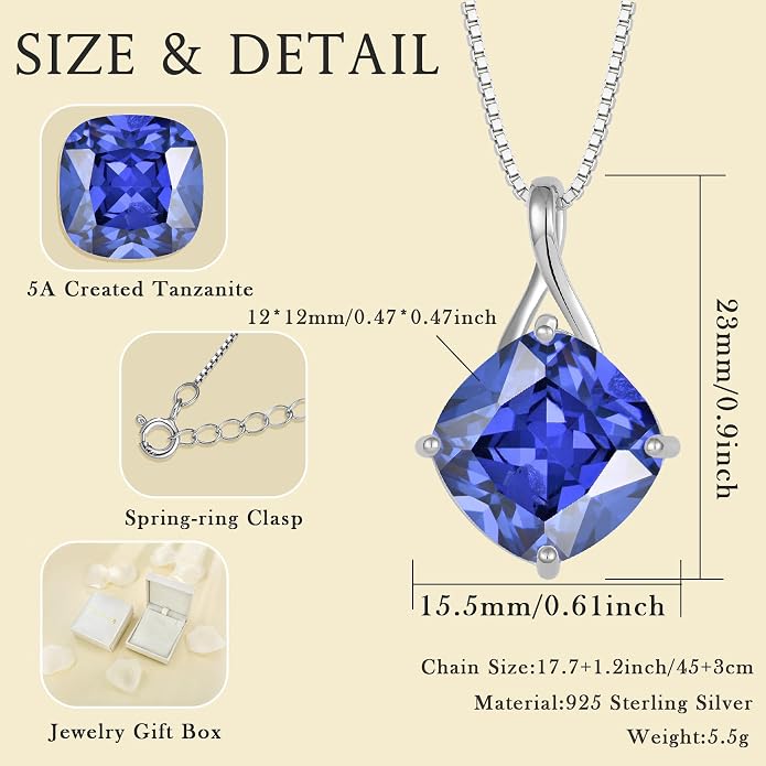 Square Cut Birthstone Necklace for Women Hypoallerg 925 Sterling Silver Cubic Zirconia Necklace Simple Jewelry for Her