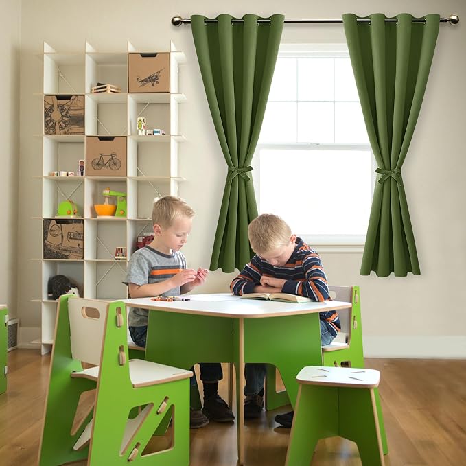 Hiasan Blackout Curtains for Bedroom, 52 x 63 Inches Length - Thermal Insulated & Energy Saving Window Curtains for Living Room, 2 Drape Panels Sewn with Tiebacks, Olive Green