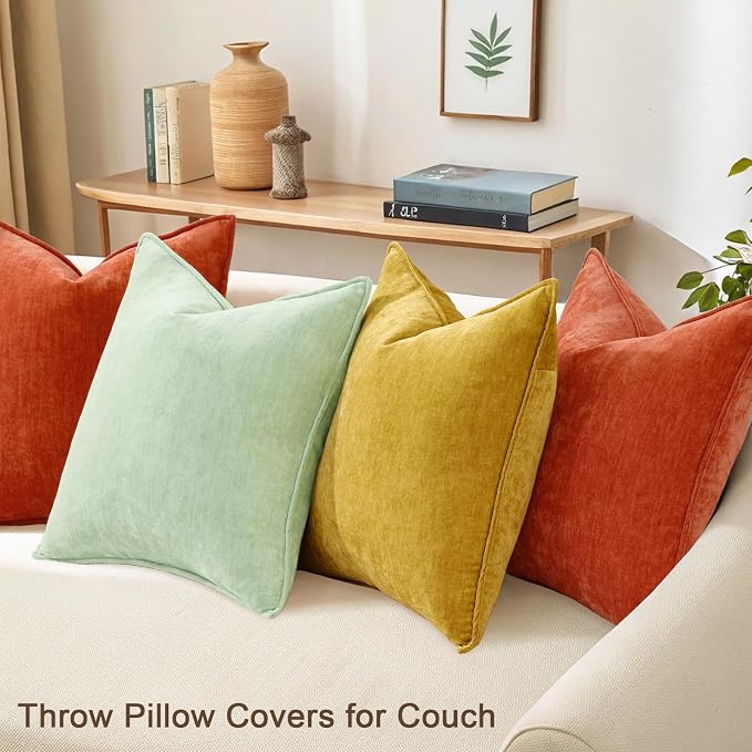 decorUhome Set of 4 Chenille Throw Pillow Covers 18x18(Sage/Rust) | Couch Decorative Soft Neutral Pillow Covers with Elegant Design for Living Room Bed Sofa