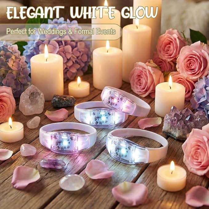 JellyArch 24 Pcs White LED Glow Bracelets, Sound Activated LED Bracelets for Wedding Reception Party Favors, Bridal Shower, Bachelorette Party, Rave, Concert, Birthday and Night Events