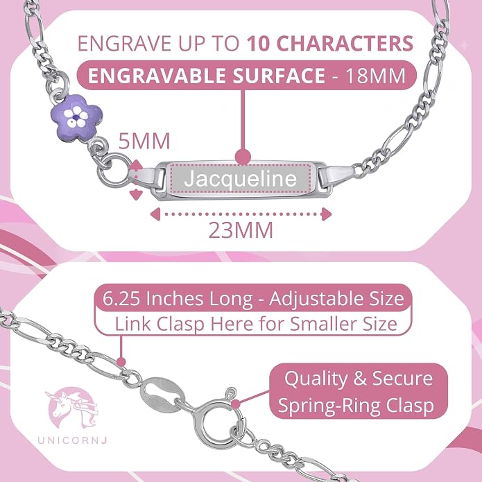 UNICORNJ 925 Italy Sterling Silver Child or Baby Name Bracelet Girls Boys, Personalized Engraved Kids ID Bracelets, 6.5" Figaro Chain, Enamel Charm Newborn Infant Toddler Kid Jewelry