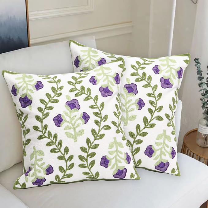 Set of 2 Embroidered Decorative Throw Pillow Covers Couch Square Pillowcases Cushion for Bedroom Sofa Farmhouse Decor 18x18 Inch (Purple Floral)