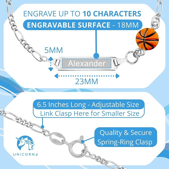 UNICORNJ 925 Italy Sterling Silver Child or Baby Name Bracelet Girls Boys, Personalized Engraved Kids ID Bracelets, 6.5" Figaro Chain, Enamel Charm Newborn Infant Toddler Kid Jewelry