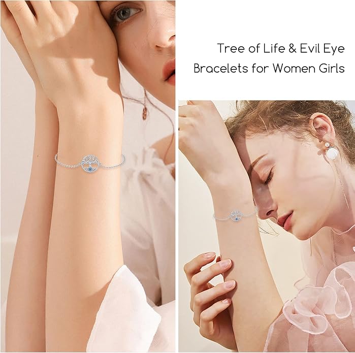 Midir&Etain Tree Of Life & Evil Eye Bracelet Anklet For Women 925 Sterling Silver Adjustable Family Tree Christmas Jewelry Gifts