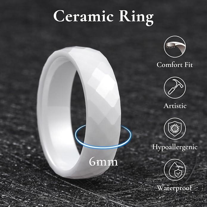 King Will Ceramic Wedding Band for Men Women-6-8mm Width Black & White with Multi Style Design Promise Rings Comfort Fit Size 7-14