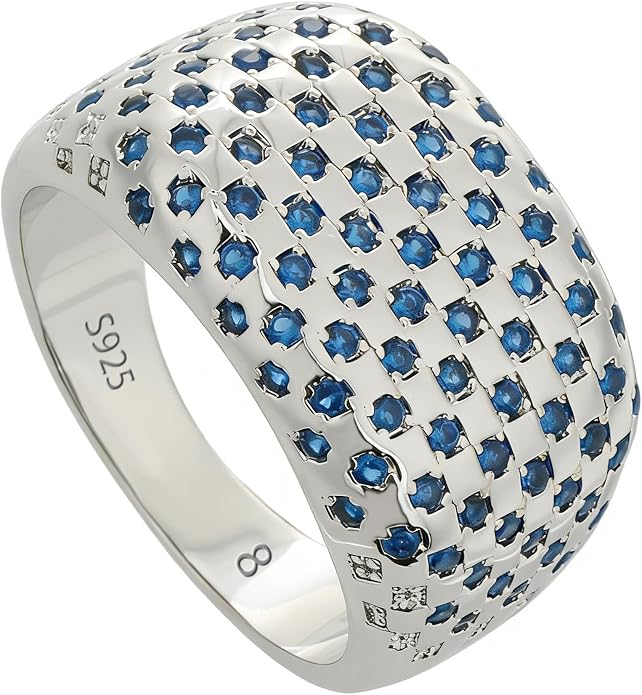 Bold Architectural Ring with Blue Zirconia, 925 Sterling Silver White Gold Plated Chunky Wide Eternity Band, Brutalist Statement Ring for Women, Maximalist Jewelry Gift