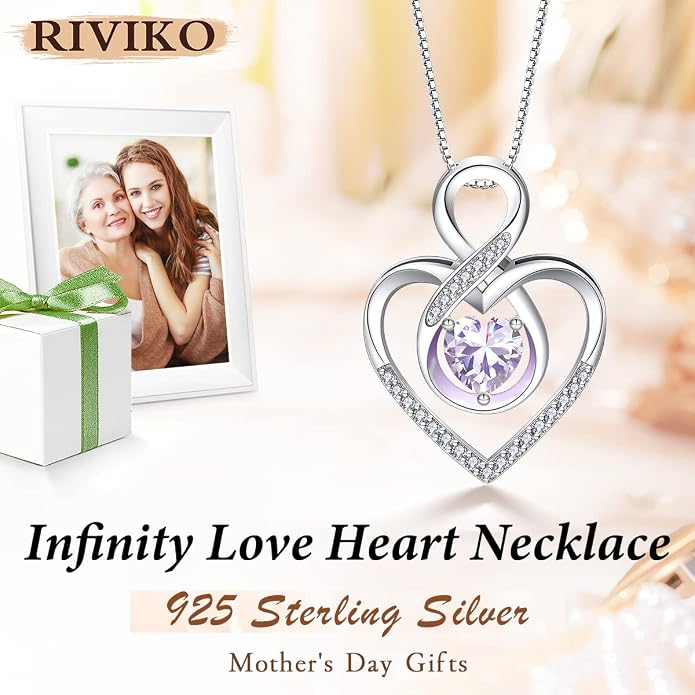 RIVIKO Infinity Heart Symbol Necklace for Women 925 Sterling Silver Love Heart Pendant Mothers Day Anniversary Birthday Christmas Jewelry Gifts for Women Mom Wife Sister Her Friends