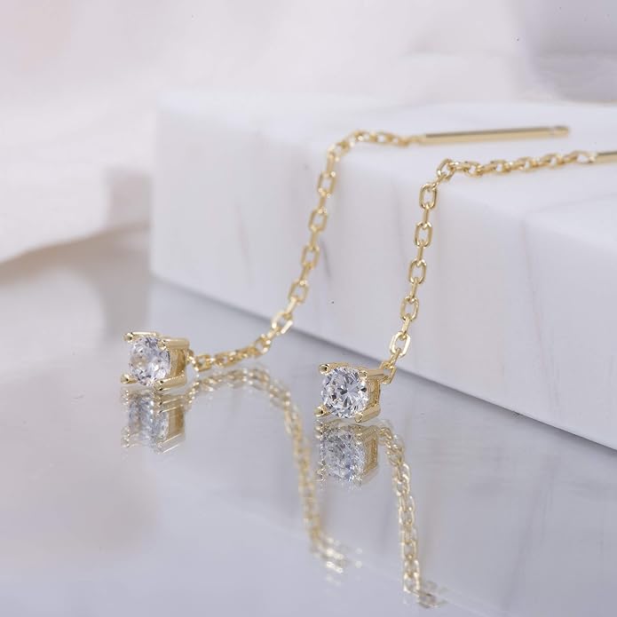 S.Leaf Gold Chain Threader Earrings for Women Trendy 925 Sterling Silver Hypoallergenic Cubic Zirconia Backless Ardant Chain Duster Threader Double Piercing Pull Through Earrings for Women Girls Birthday Gifts