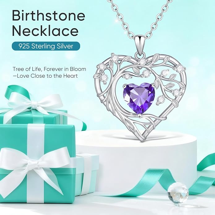 Tree of Life Birthstone Pendant Necklace - 925 Sterling Silver Heart Cubic Zirconia Diamond Women Pendant Necklaces for Her Daughter Girlfriend Birthday Gift Ideas for Wife Mom for Valentines Day