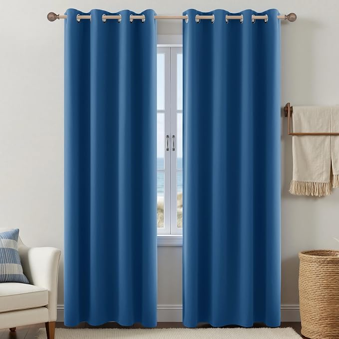 KOUFALL Denim Blue Blackout Curtains 96 Inches Long, Farmhouse Coastal Summer Noise Reducing Window Curtains for Bedroom Living Room 2 Panels Set, Cortinas para Dormitorio