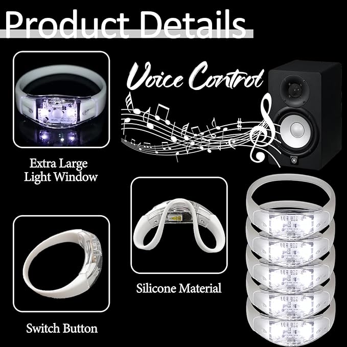24 Pcs LED Glow Bracelets Sound Activated Bracelet Glow Bracelets with Flashing LED Strobe for Wedding,Carnival,Concerts , Night Events, Rave, Game Prizes, Birthday Party Favor (white)
