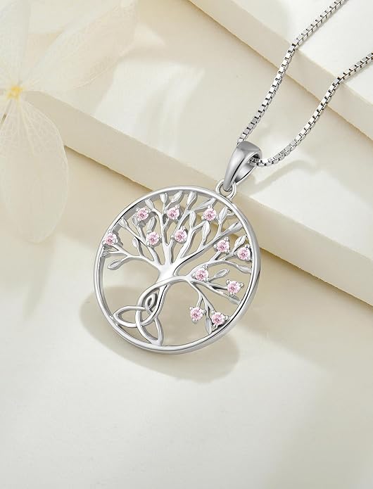 Celtic Knot Tree Necklace 925 Sterling Silver Tree of Life Pendant Birthstone Jewelry for Women
